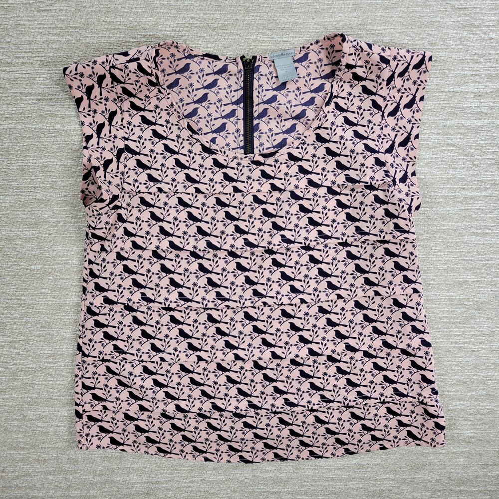 Charlotte Russe Bird Top Womens Small Pink Blue Pleated Back Zipper Round Neck